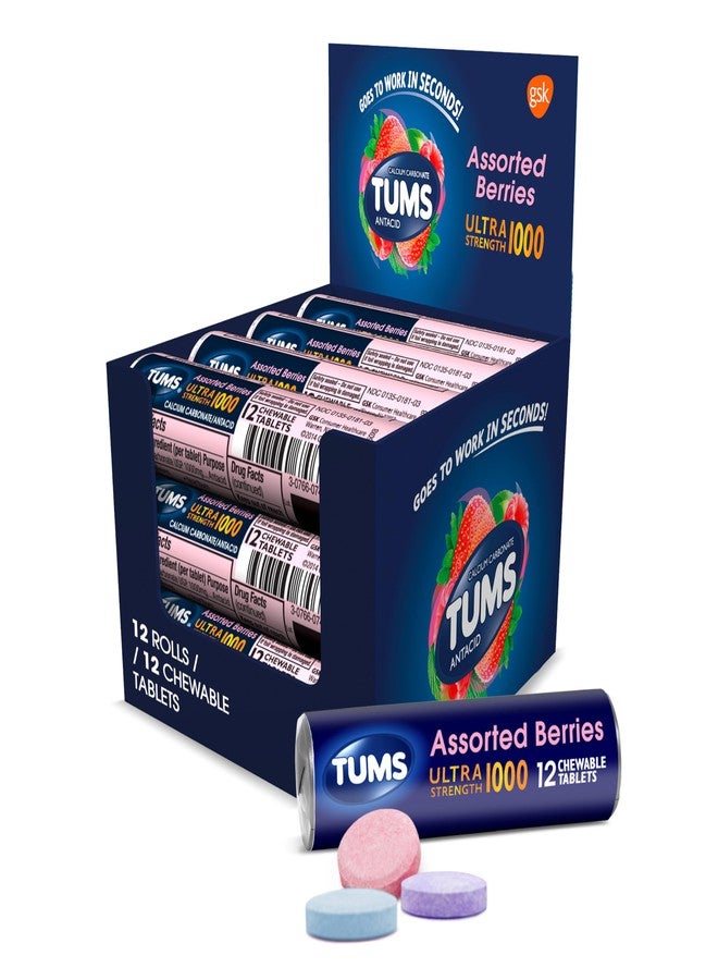 TUMS Ultra Strength Antacid Tablets for Chewable Heartburn Relief and Acid Indigestion Relief, Assorted Berries - 12 Pack of 12 Count Rolls - Image 1